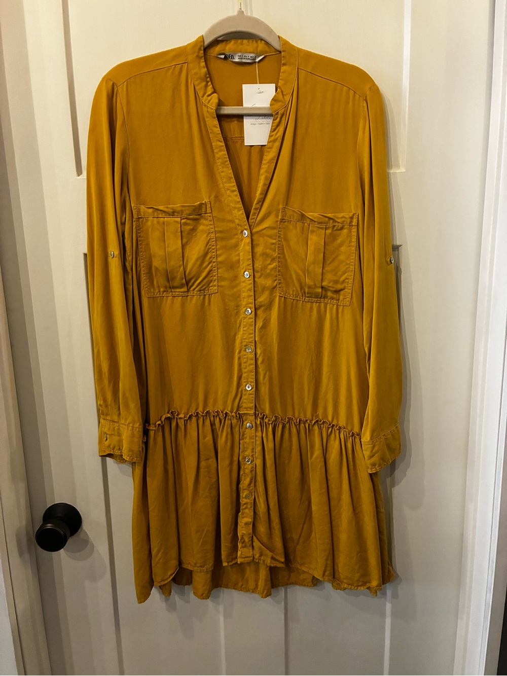 Zara Mustard Yellow Button-Front Long Sleeve Ruffle-Hem Dress